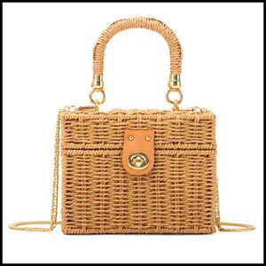 Handwoven Rattan Tote Bag Boho Square Crossbody Straw Beach Bag